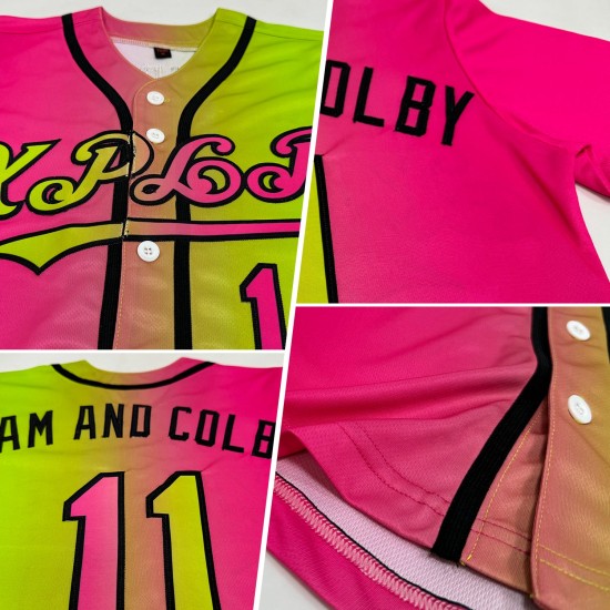 Özel Neon Yeşil Pembe-Siyah Otantik Degrade Moda Beyzbol Forması