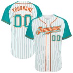 Özel Beyaz Aqua Pinstripe Aqua-Turuncu Otantik Raglan Kollu Beyzbol Forması Özel Beyaz Aqua Pinstripe Aqua-Turuncu Otantik Raglan Kollu Beyzbol Forması