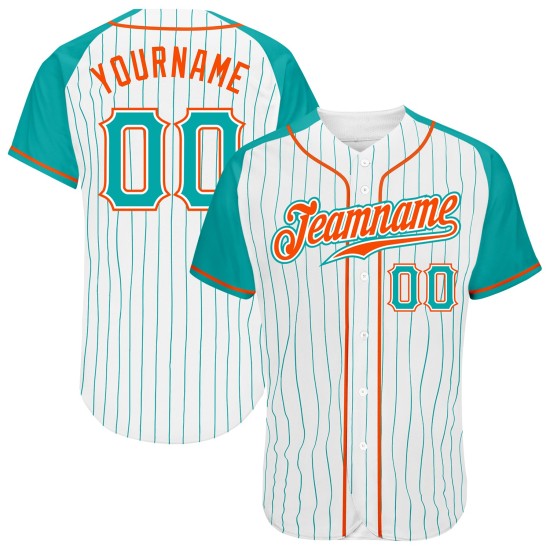 Özel Beyaz Aqua Pinstripe Aqua-Turuncu Otantik Raglan Kollu Beyzbol Forması Özel Beyaz Aqua Pinstripe Aqua-Turuncu Otantik Raglan Kollu Beyzbol Forması