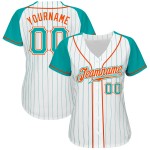 Özel Beyaz Aqua Pinstripe Aqua-Turuncu Otantik Raglan Kollu Beyzbol Forması Özel Beyaz Aqua Pinstripe Aqua-Turuncu Otantik Raglan Kollu Beyzbol Forması