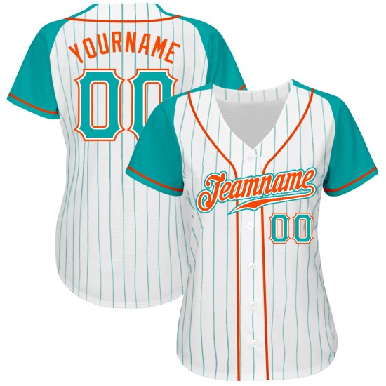 Özel Beyaz Aqua Pinstripe Aqua-Turuncu Otantik Raglan Kollu Beyzbol Forması Özel Beyaz Aqua Pinstripe Aqua-Turuncu Otantik Raglan Kollu Beyzbol Forması